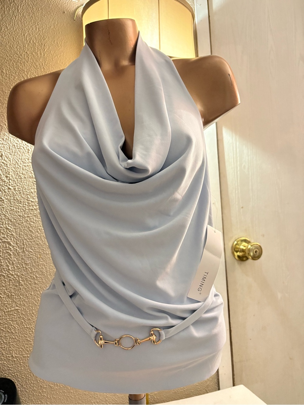 Timing Light Blue Draped Halter Top with Gold Accent Belt